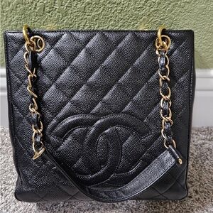Chanel Black Caviar Leather Shoulder Bag with Gold Chain